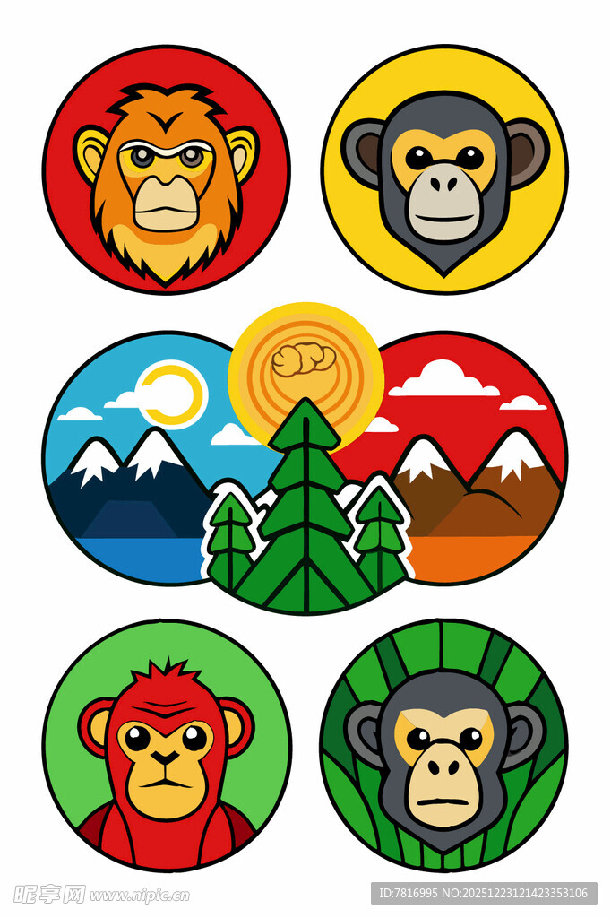 多彩猴头与自然风景图案