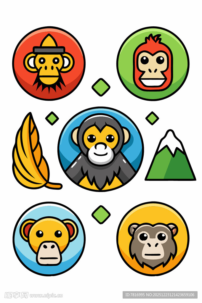 多彩猴子与自然元素图标