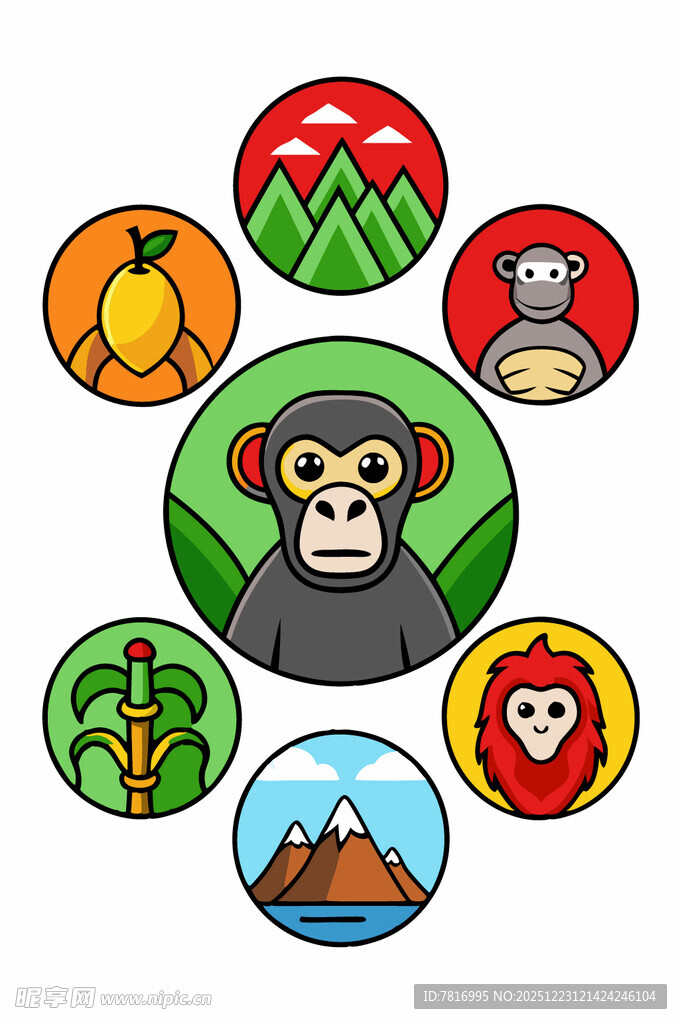 猴子与多彩旅行图标集合