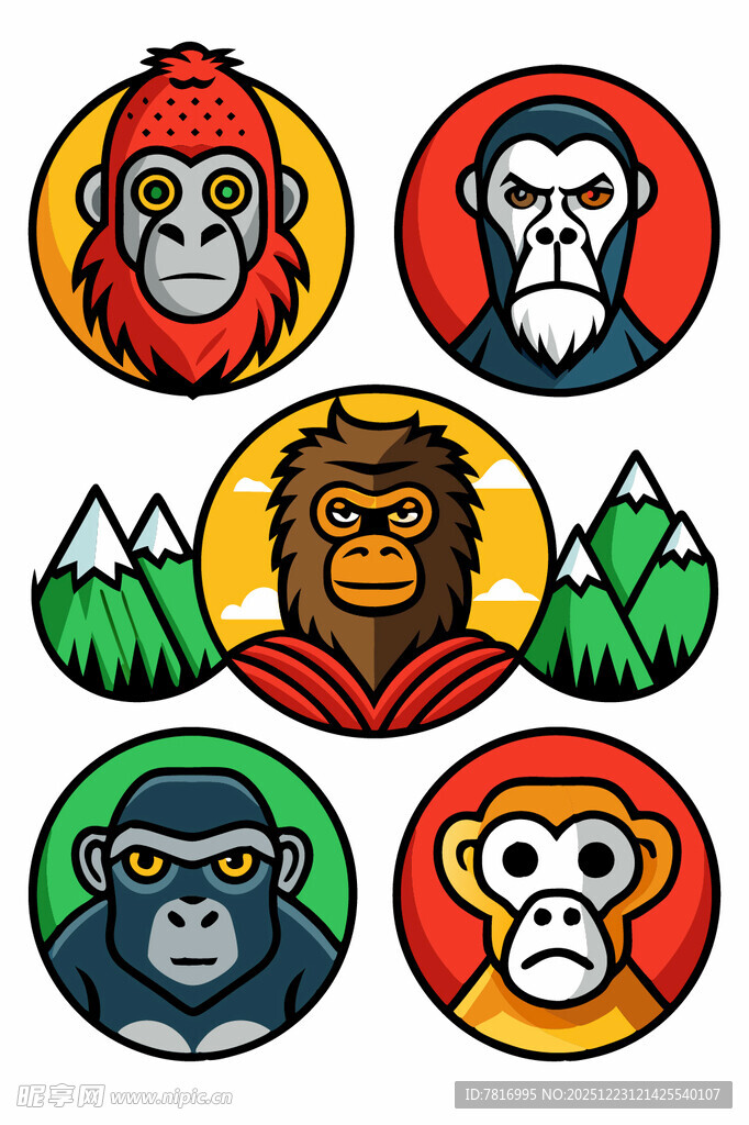 多彩猴子头像图案集合