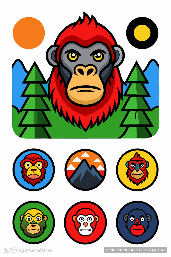 卡通猩猩与多彩图标集合
