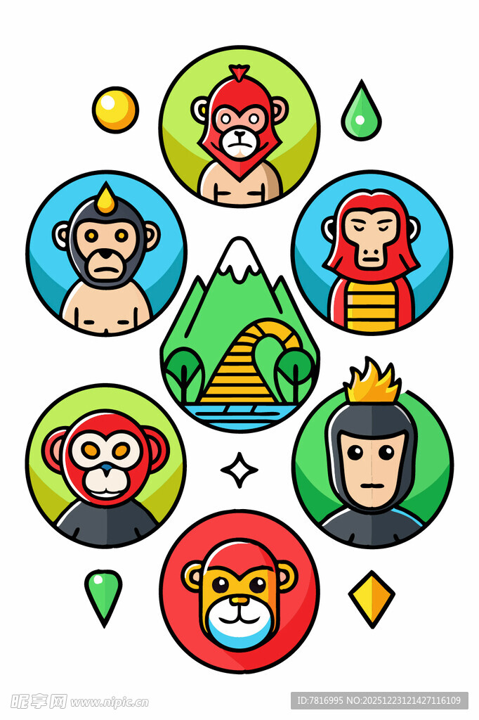 卡通风格动物与人物图标集