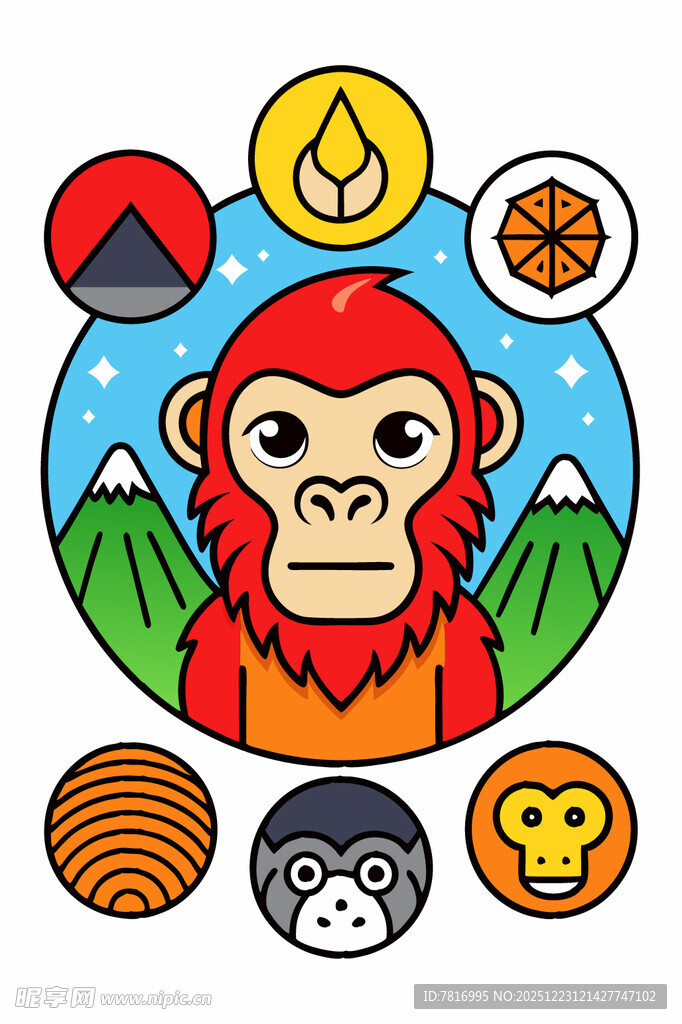 卡通猴子与多样元素图案