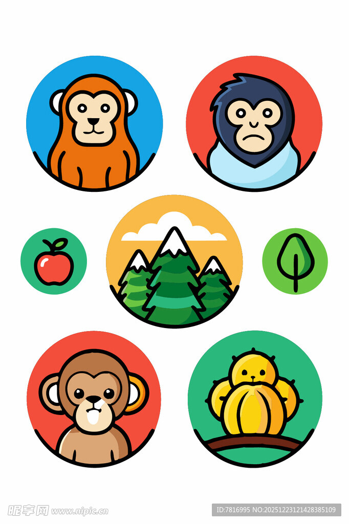 可爱猴子与自然元素图标