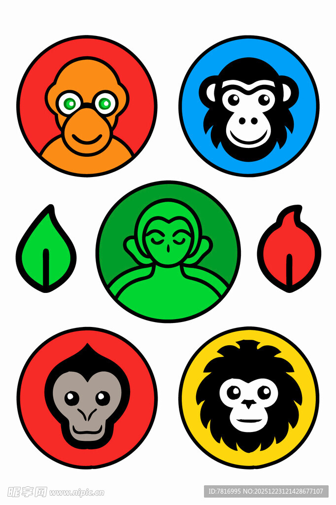 多彩猴子及水果图标集合