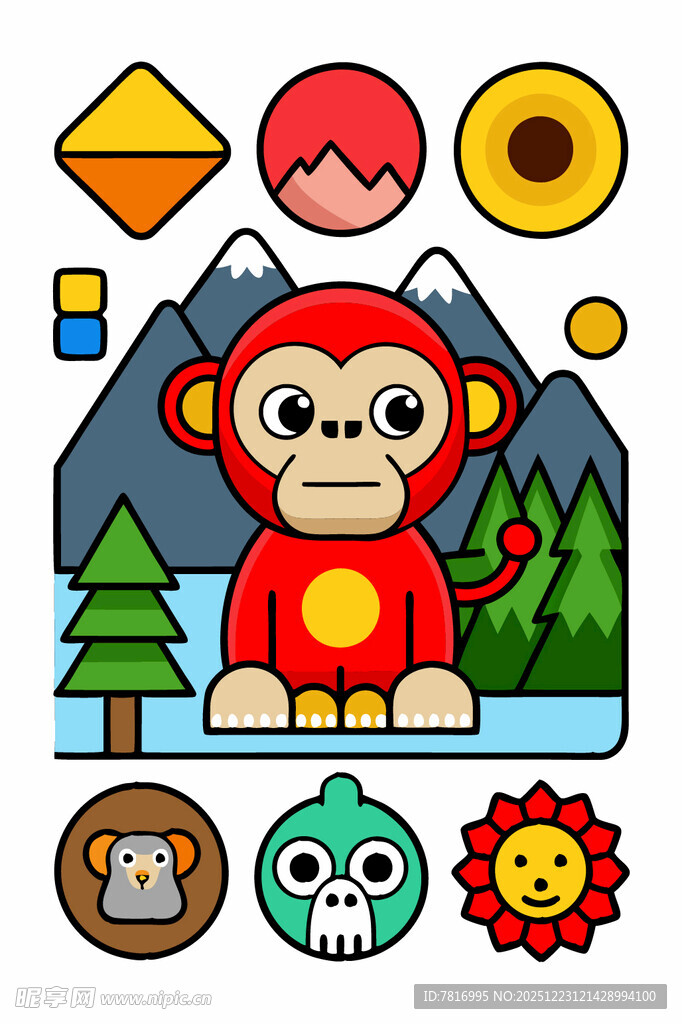 卡通猴子与多样元素场景