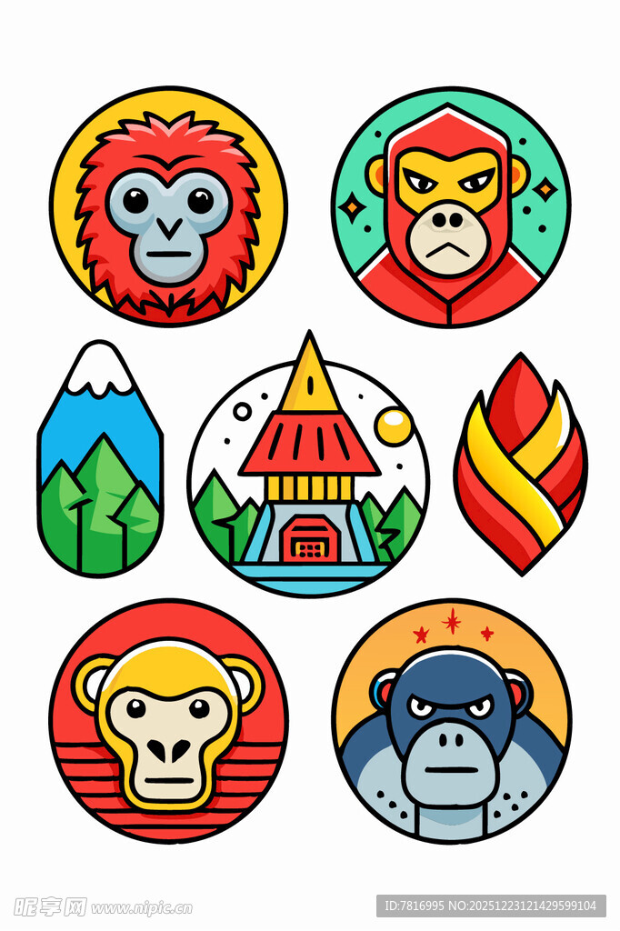 猴子主题多彩图标集合