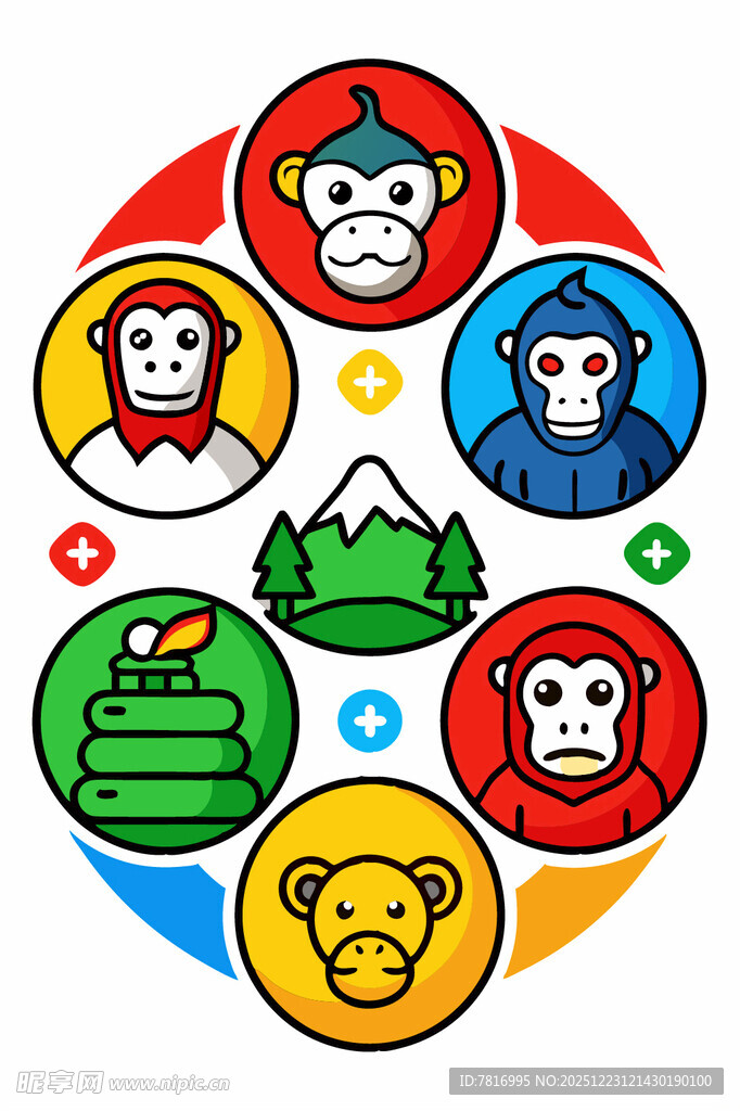 多彩卡通猴与地标元素集合