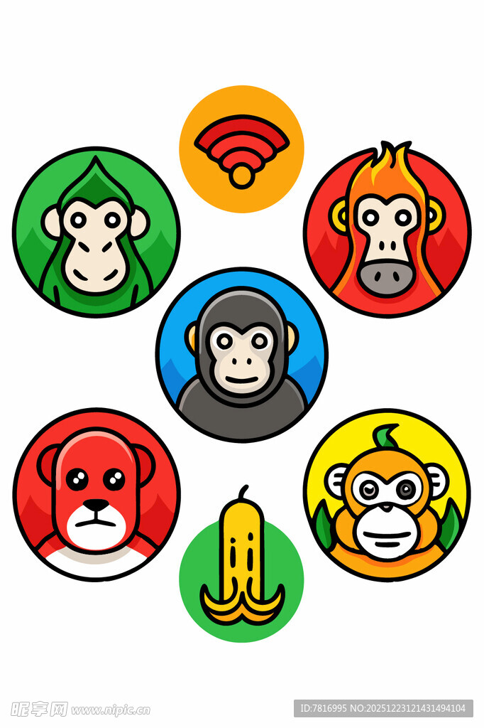 猴子主题多彩图标集合