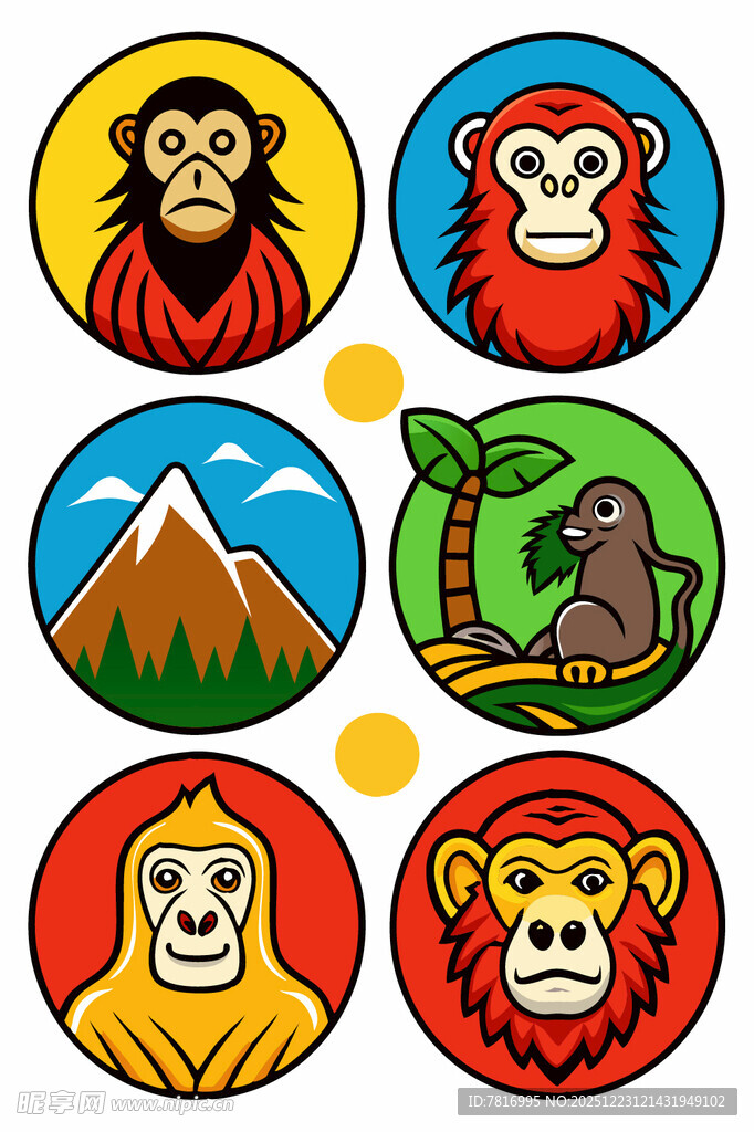 多彩猴类图标集合
