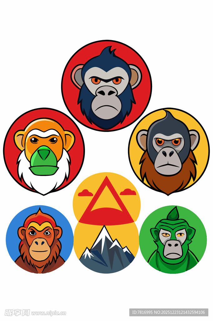 多彩猴子及符号图标集合