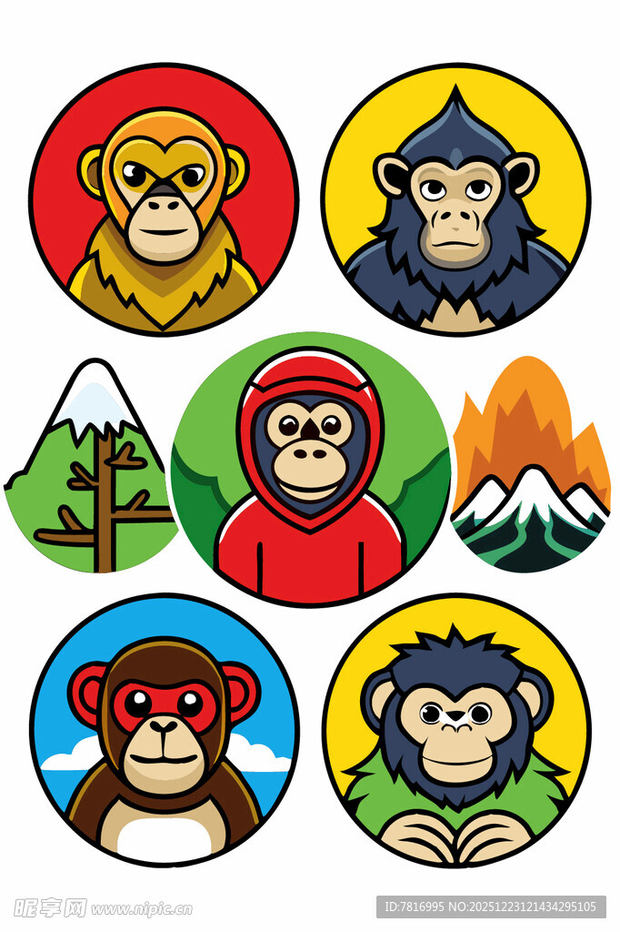 猴子主题多彩图标集合