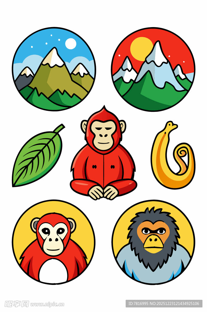 猴子与自然元素图标集