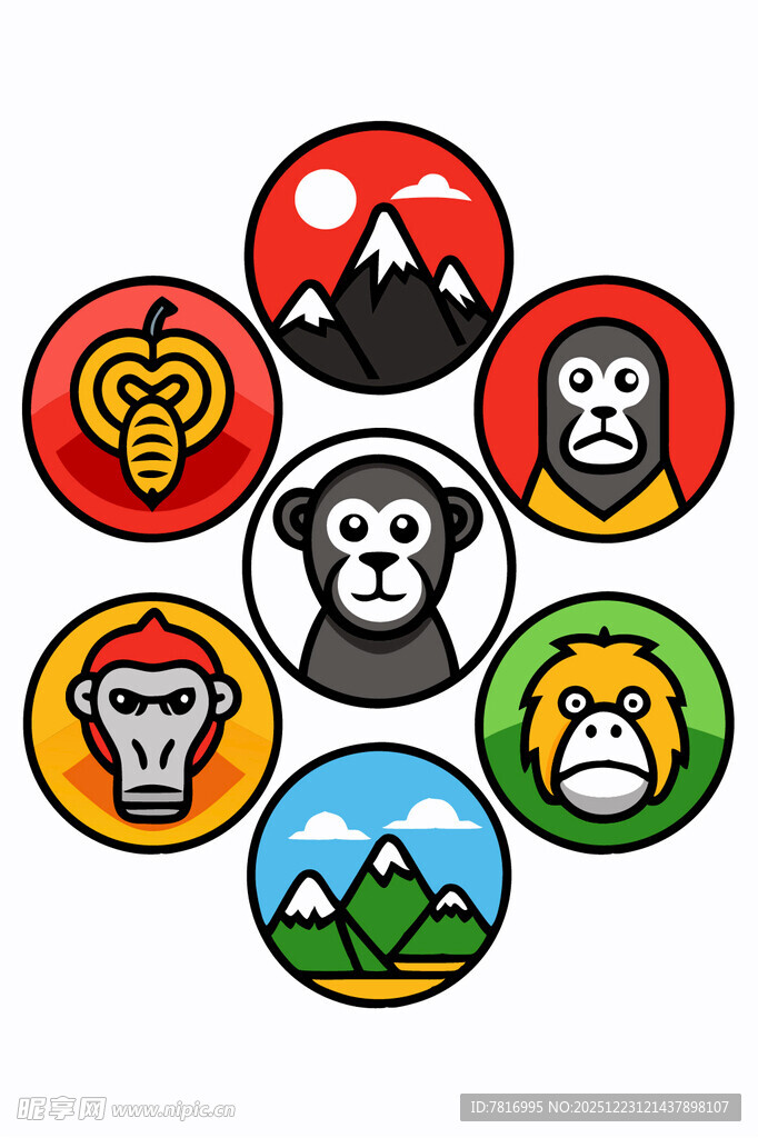 多彩猴子与符号图标集合