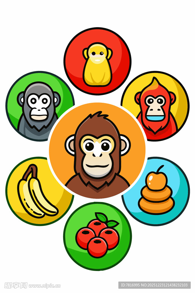 猴子主题卡通图标集合