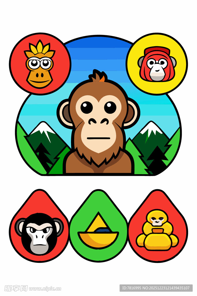 猴子主题卡通图标集合