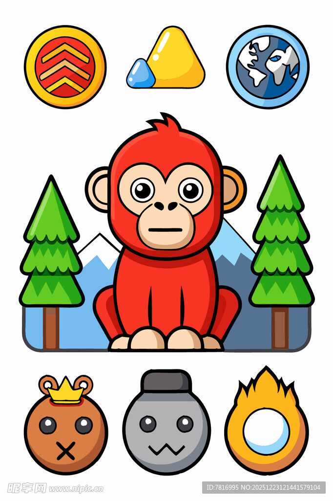 可爱猴子与多样图标元素
