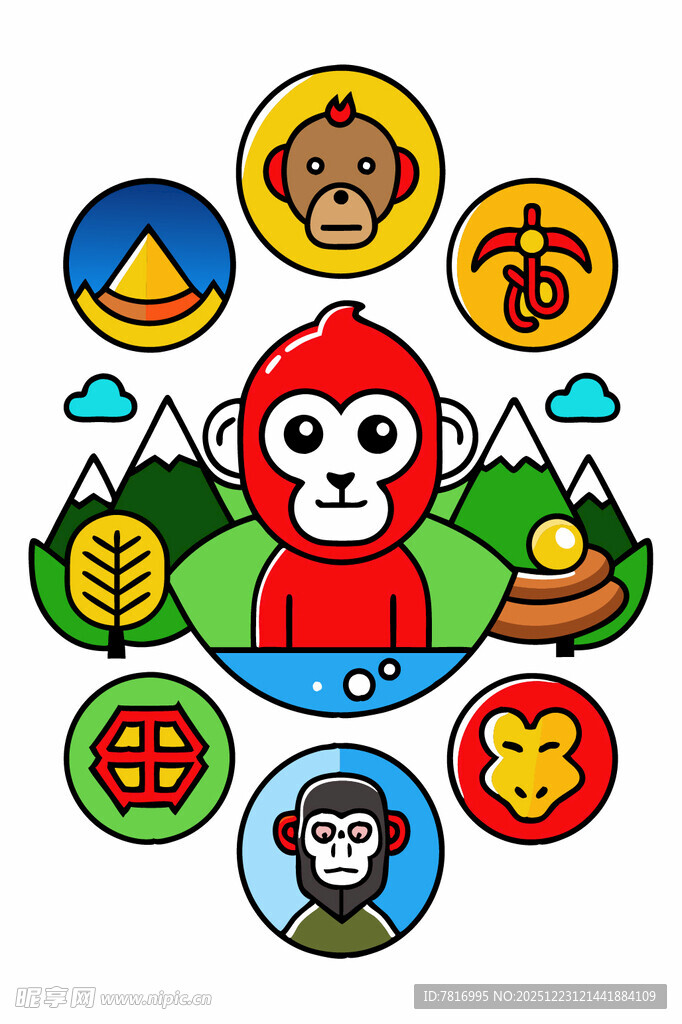 卡通猴子与多彩图标