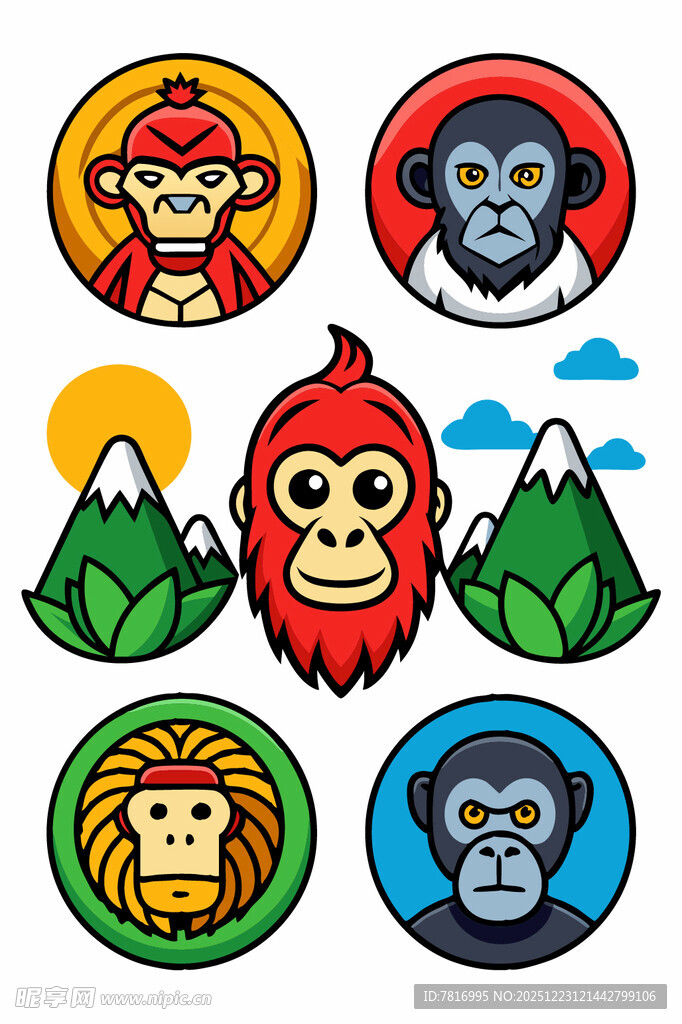 猴子主题多彩图标集合