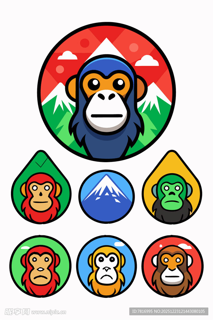 多彩猴子与山峰图标集合