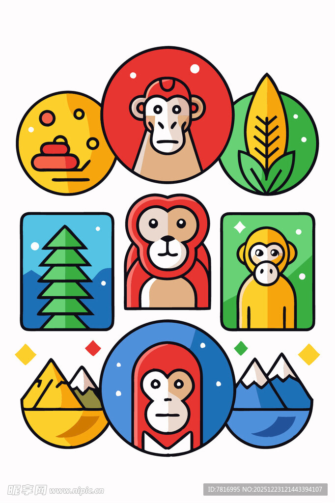 猴子主题多彩图标集合
