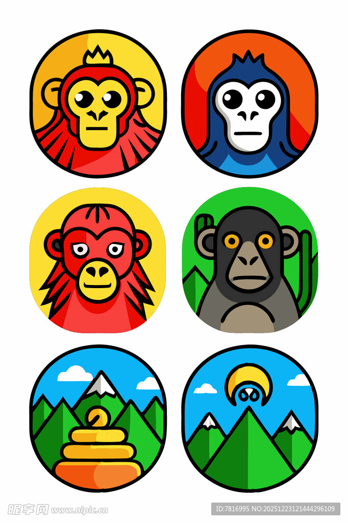 多彩猴子与风景图标集合