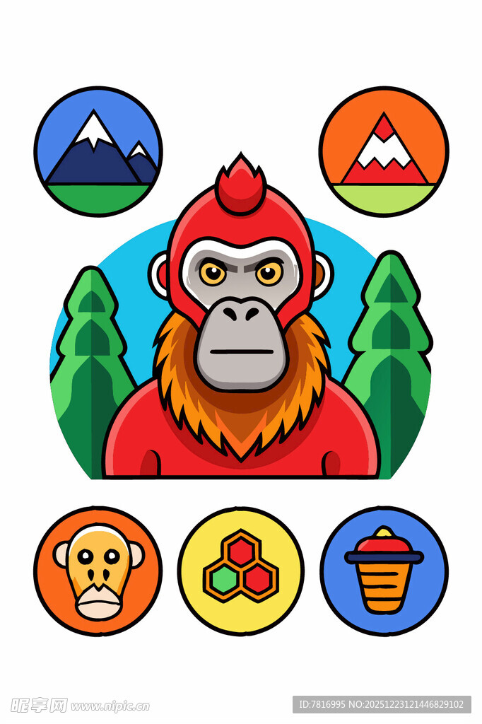 卡通猴子与多彩图标组合