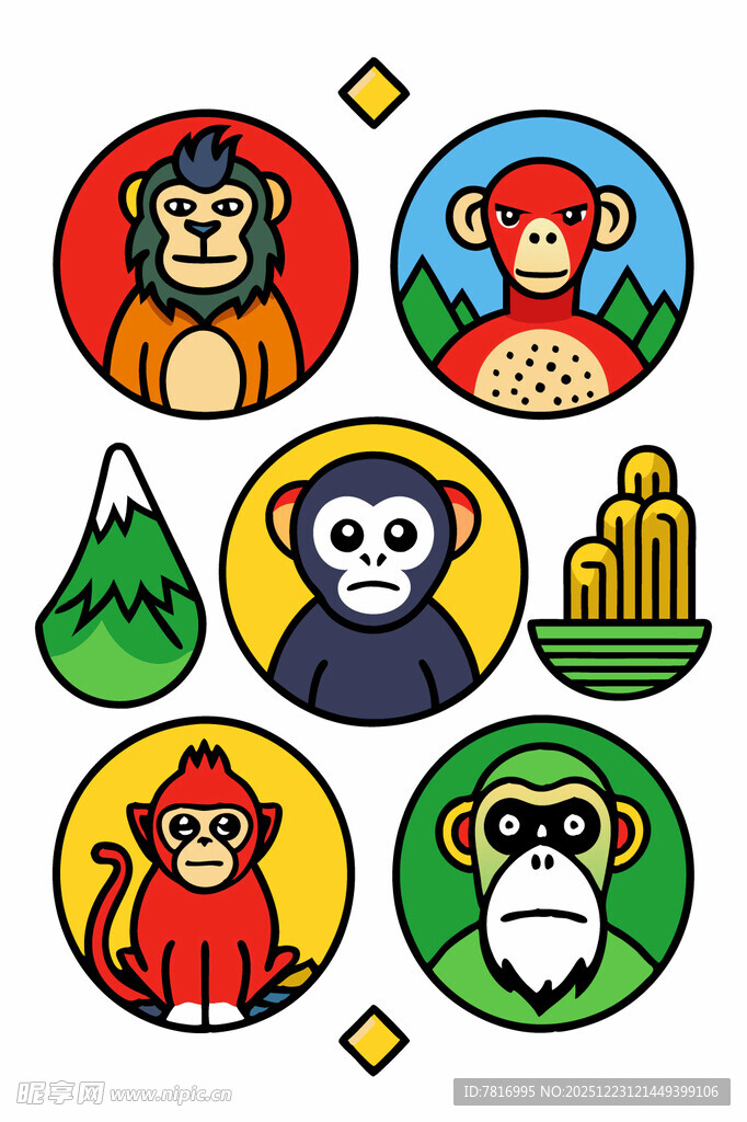 多彩猴子与自然元素图标