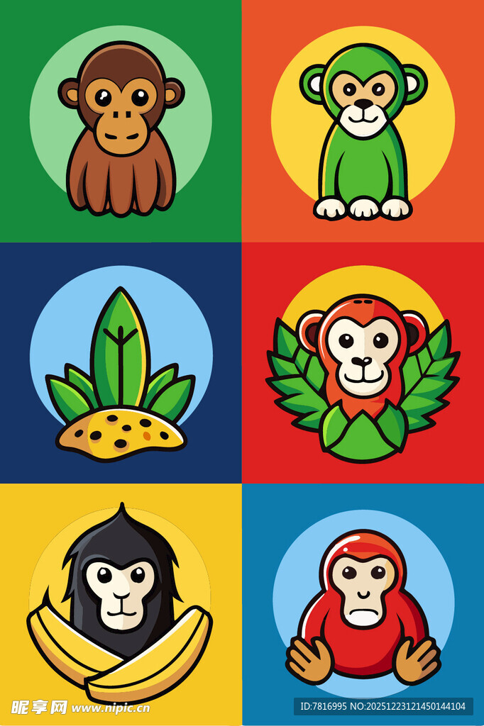 多彩猴子与香蕉图案