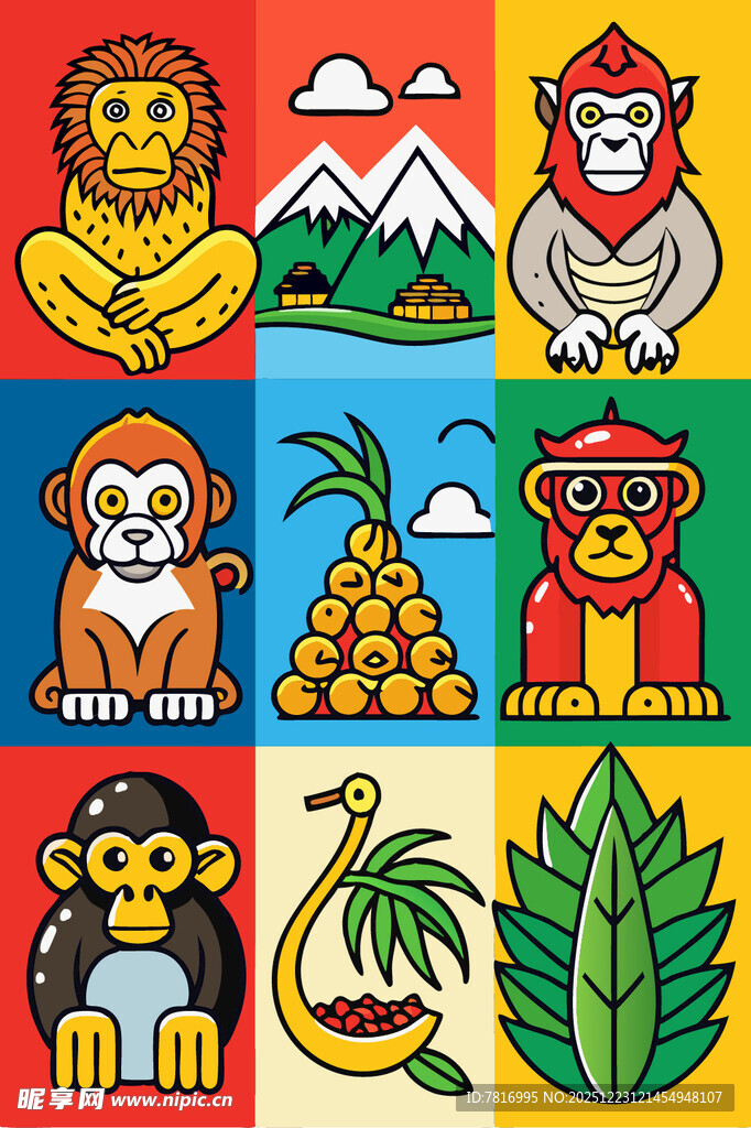 多彩猴子与热带元素图案
