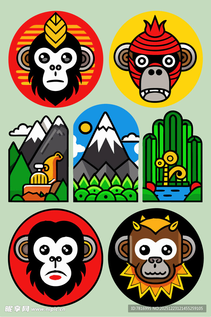 猴子主题多彩插画图案