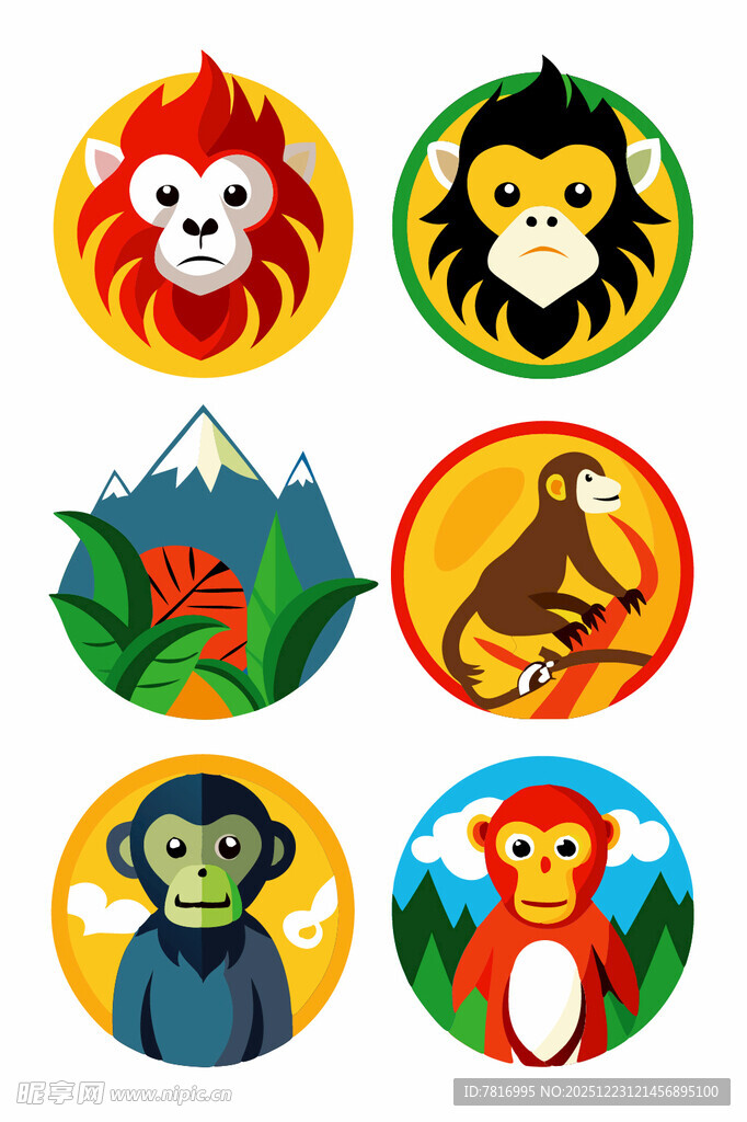 多彩猴子动物图标集合