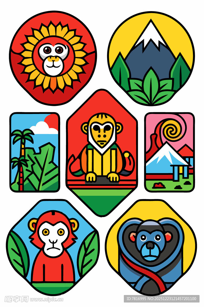 多彩动物与风景卡通图标集