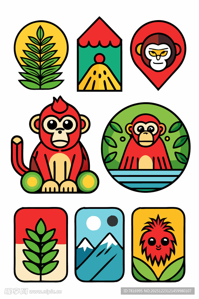 猴子主题多彩图标集合