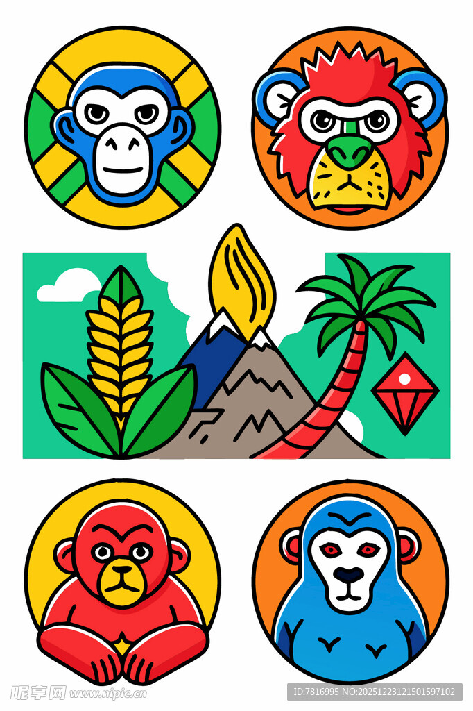 多彩猴子与风景图案