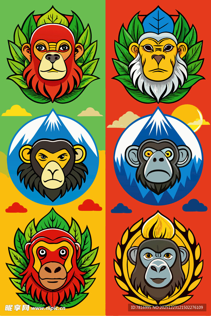 多彩猴头图案设计元素
