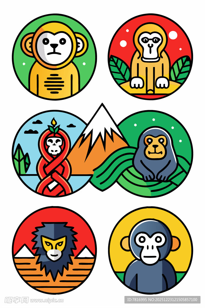 多彩猴子主题圆形图标集