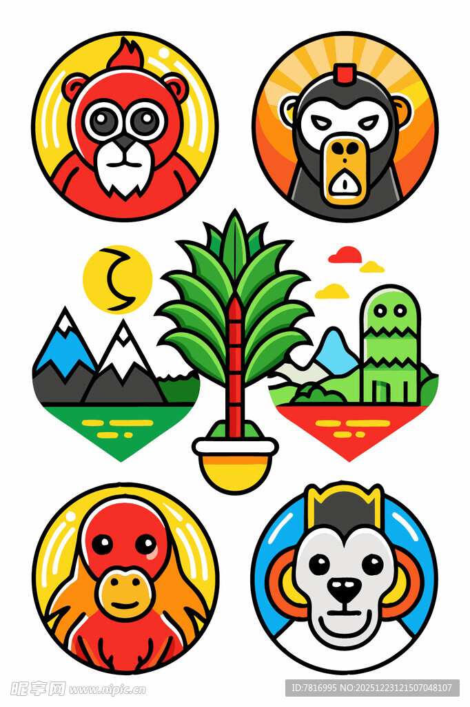多彩猴子图案与风景图标集