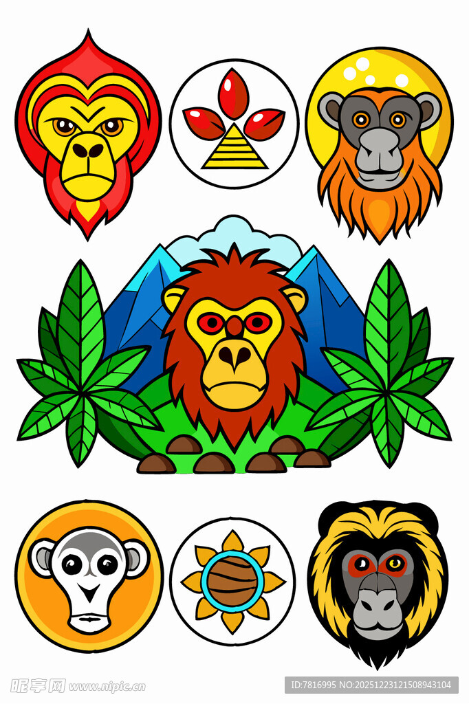 多彩猴子图案与自然元素
