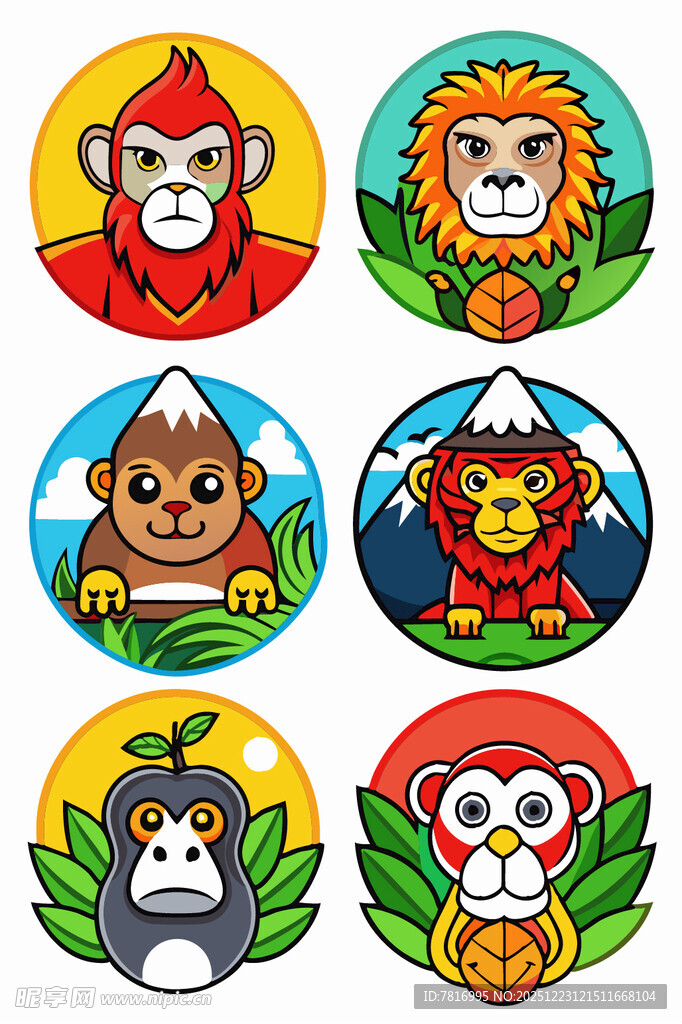 可爱动物圆形卡通图案