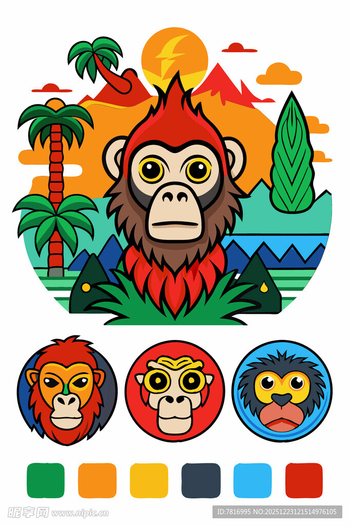 多彩猴头图案与热带风光