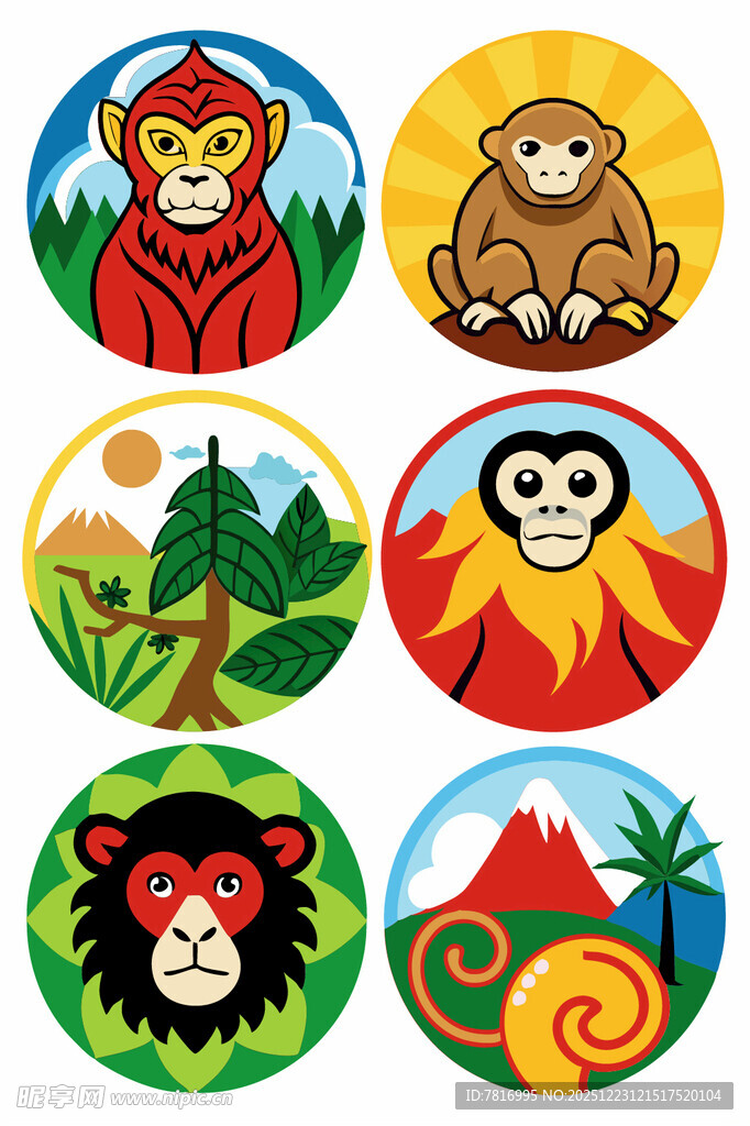 多彩猴子主题圆形图案