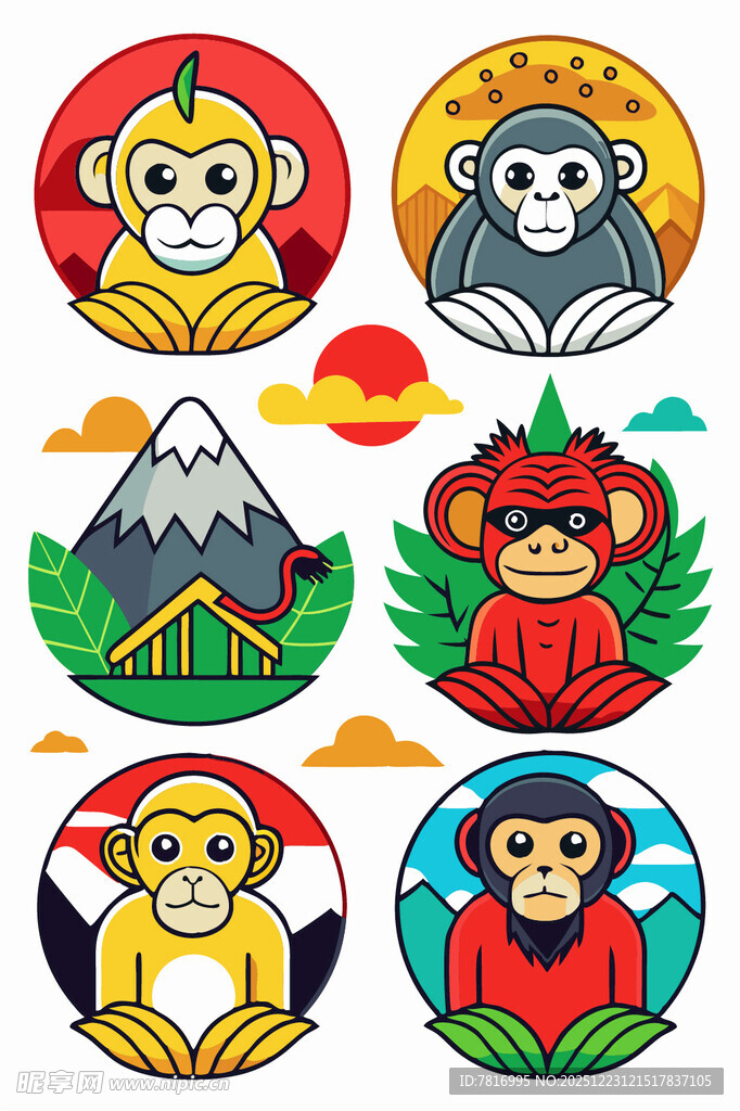 多彩猴子与自然元素图案