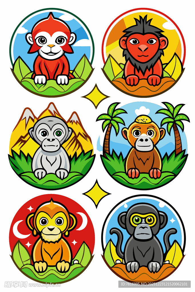 多彩猴子与热带元素图标