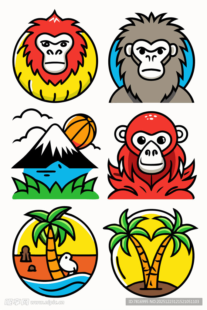 多彩猴与热带风光图案