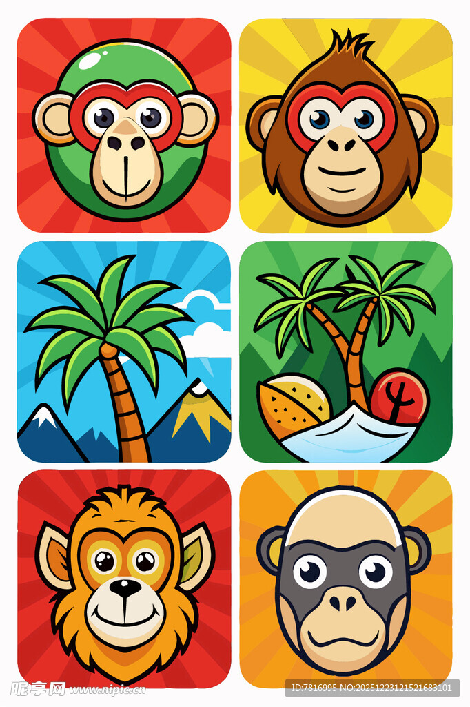多彩猴子与热带风情图标