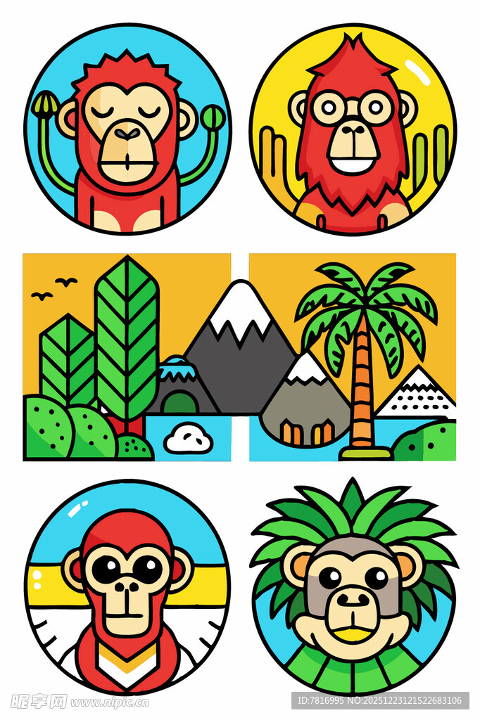 多彩猴子与风景图案集合