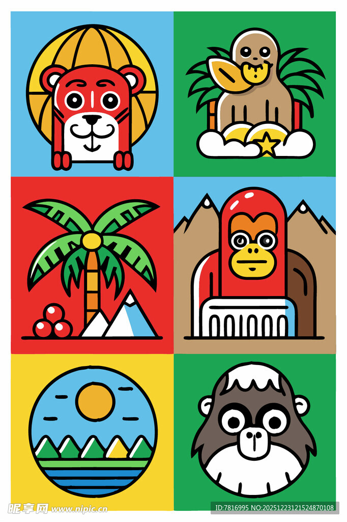 多彩卡通动物与风景图案