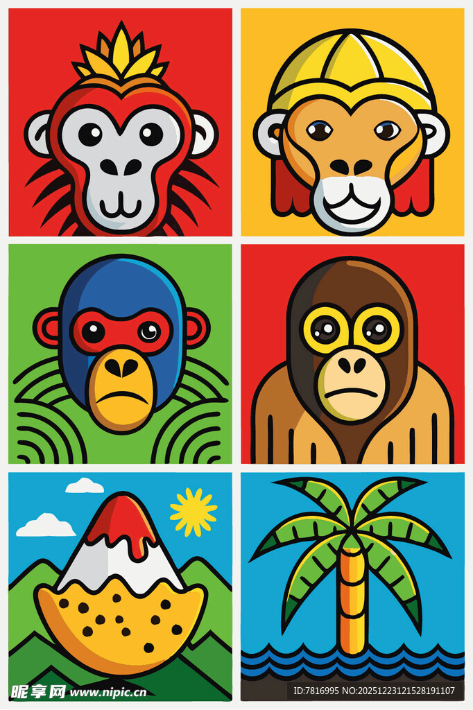 多彩猴子与热带风光图案
