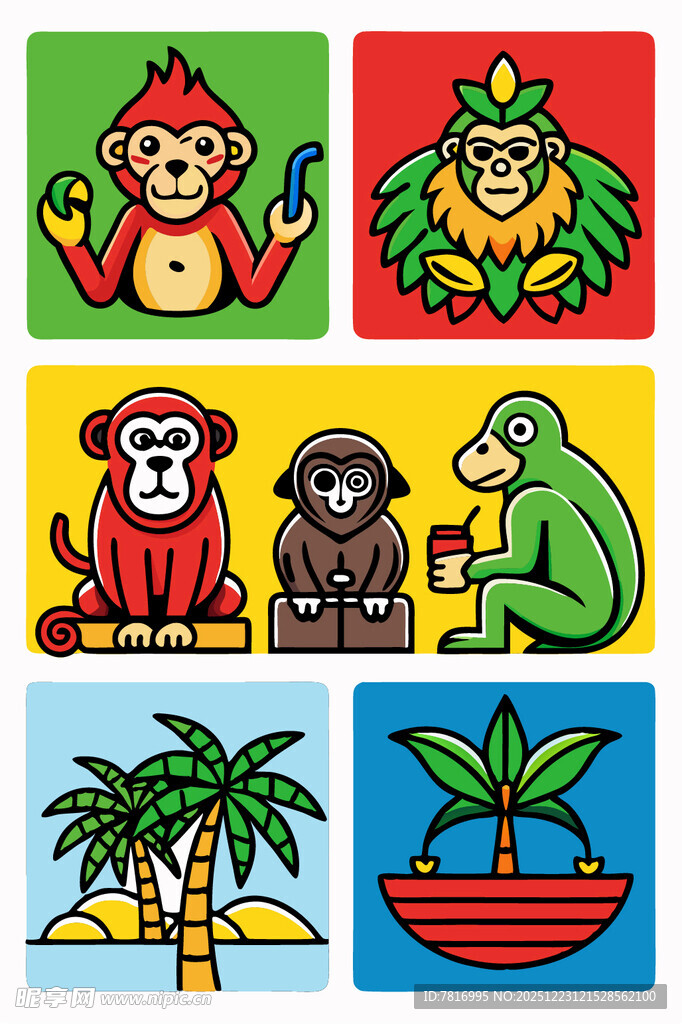 多彩卡通动物与植物图案